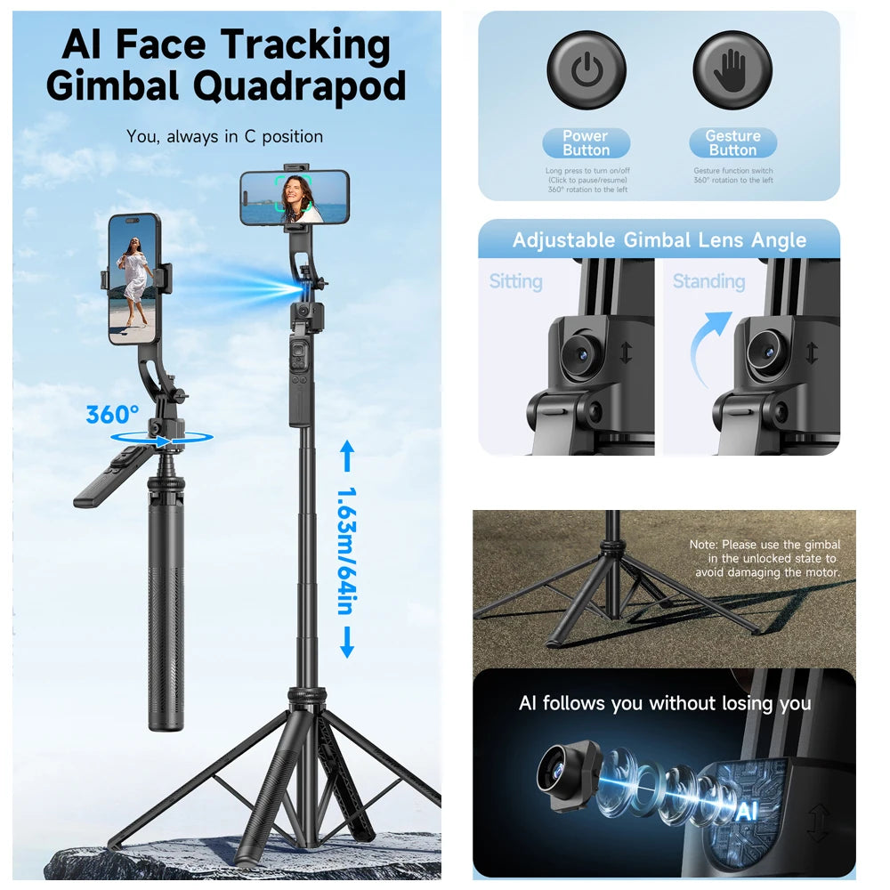 AI Smart Tripod Selfie Stick Foldable 360°